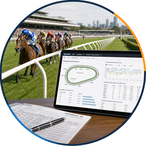 Horse racing track with RAPRO performance analytics, selection tracking and race trend data.
