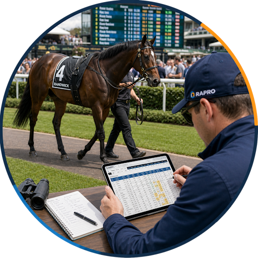 RAPRO Live Yard analyst reviewing a horse in the mounting yard with race-day data.