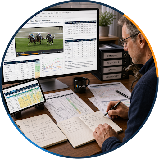 RAPRO Race Review screen with race replay, sectional analysis, ratings and analyst notes.