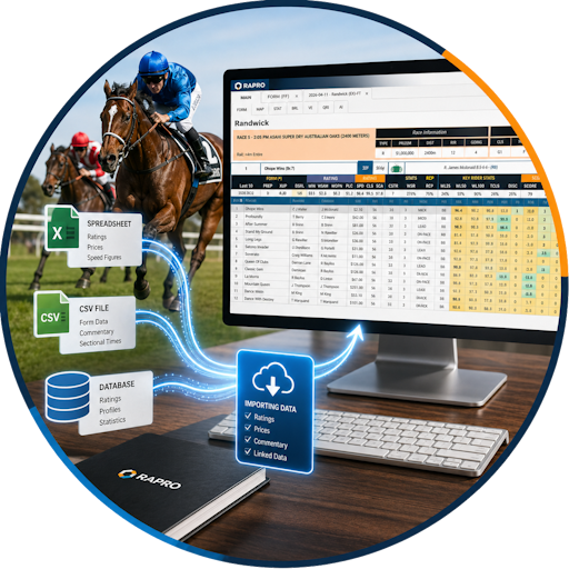 External racing data, CSV files and database sources importing into a RAPRO analytics dashboard.