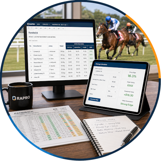 RAPRO pricing module showing fair price, market price and horse racing value analysis.