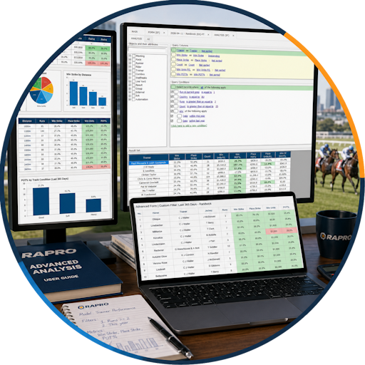 RAPRO Advanced Analysis workspace with racing data filters, trainer stats and performance charts.