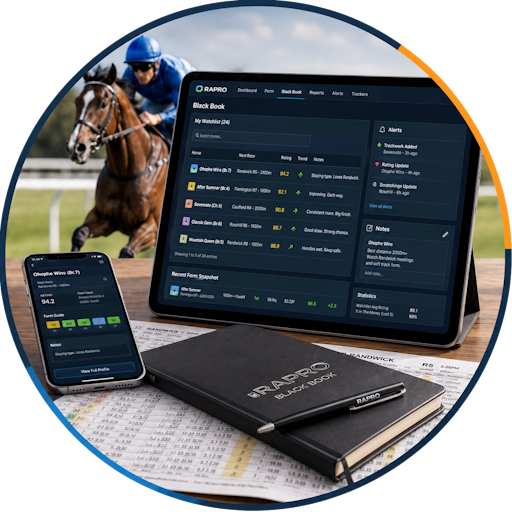 RAPRO Black Book watchlist showing saved horses, alerts, notes and racing form tracking.