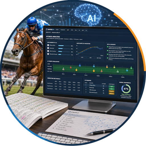 RAPRO AI chat showing horse racing predictions, tempo simulation and race-shape analysis.